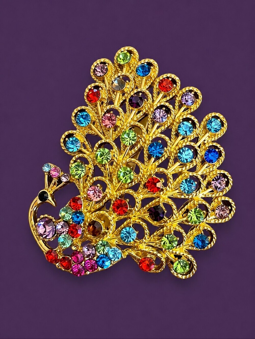 Vintage Large Colorful Rainbow Rhinestone Peacock Brooch